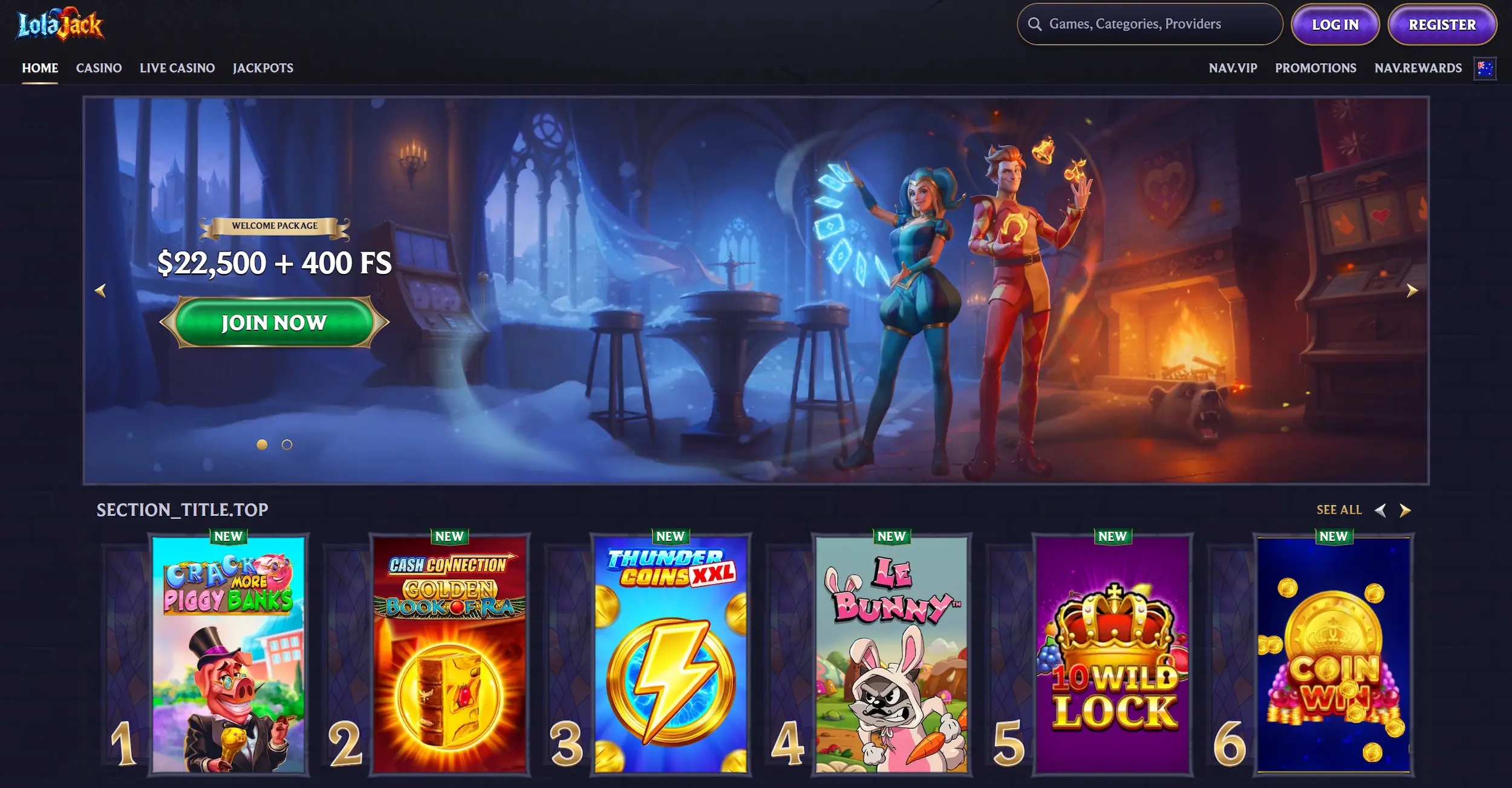 Lolajack casino frontpage featuring welcome offer and selection of top online pokies